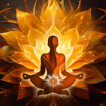 Sacral chakra, yoga lotus pose meditation. Svadhisthana chakra, mystical orange and gold petals, enchanted ambience. Peaceful decor for chakra energy healing, reiki or yoga studios, massage therapists