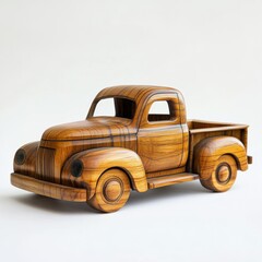 A smooth wooden pickup truck with visible grain patterns, standing out against a bright white backdrop