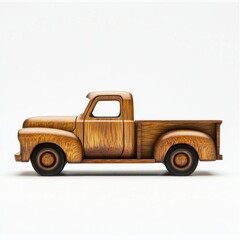 A smooth wooden pickup truck with visible grain patterns, standing out against a bright white backdrop