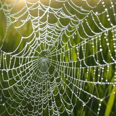 Fototapeta premium A dew-laden spiderweb shimmers in the darkness capturing the intricate beauty of nature's delicate artistry.