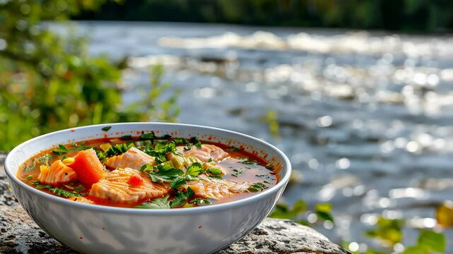 Fish soup with a river in the background. Selective focus. nature.