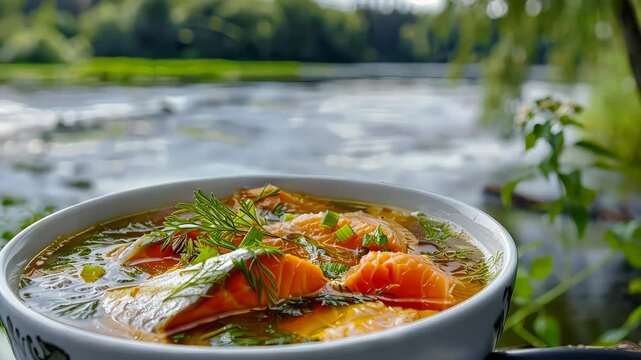 Fish soup with a river in the background. Selective focus. nature.