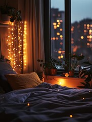 Obraz premium Cozy Bedroom Scene with String Lights and Plants