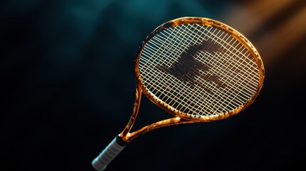 A badminton racket and shuttlecock captured with dramatic lighting on a neutral black background.