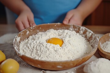 Fototapeta premium Mixing Ingredients in Bowl with Flour and Egg at Home Kitchen for Baking Process