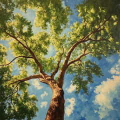 Fototapeta premium Whimsical Tree Floating in the Sky Above a Serene Landscape, Representing Fantasy and Tranquility trees in the park