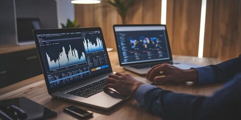 Two colleagues using laptops, reviewing data and making decisions in a meeting room.