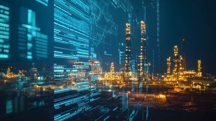 Fototapeta premium A futuristic concept of sustainable oil production, with oil extraction sites powered by renewable energy sources and fluctuating stock prices