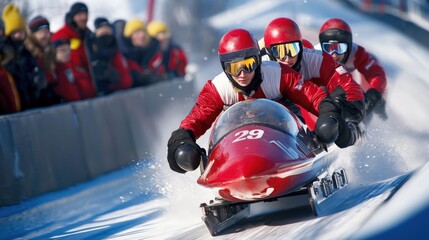 A bobsled team speeding down a sleek icy track at breakneck speed