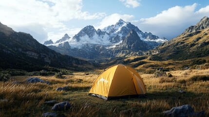 A camping tent set up in a scenic mountain area