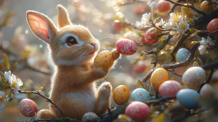 A joyous Easter bunny climbing a tree, hanging egg-shaped ornaments from its branches in preparation for a spring festival.