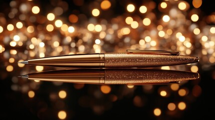 Rose gold pen on reflective surface with bokeh lights.
