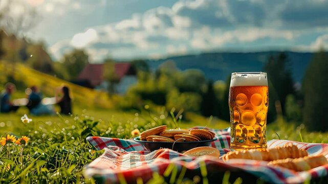 Beer and snacks against the backdrop of the German village. Selective focus. drink.