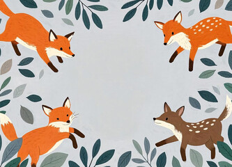Wallpaper Featuring Flowers, Leaves, Foxes, Deer, and Roe Deer on a Light Gray Background