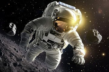 Fototapeta premium Picture of astronaut spacewalking with glowing stars and asteroids. Deep space image, science fiction fantasy in high resolution ideal for wallpaper and print