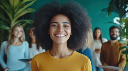 Smiling Team Collaborating in Modern Office Environment