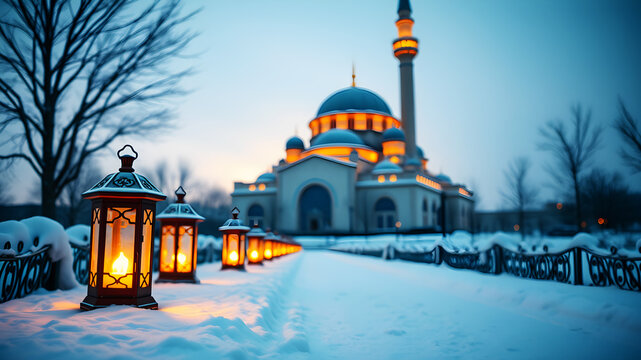 Lanterns glowing softly on a snow-covered pathway leading to a brightly lit mosque under a winter Ramadan sky