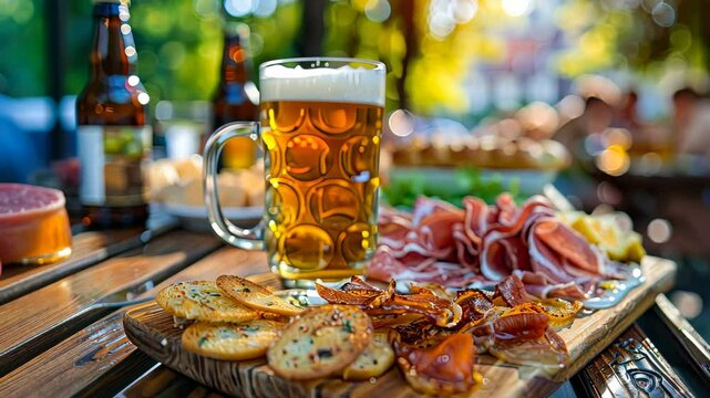 Beer and snacks against the backdrop of the German village. Selective focus. drink.
