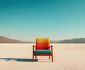Obraz premium Helle, farbige Stuhl steht allein in einer weiten, öden Landschaft