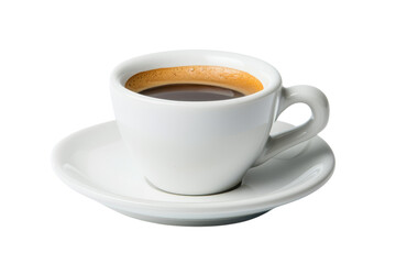Naklejka premium A simple white coffee cup filled with dark coffee sits elegantly on a matching saucer.