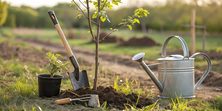Arbor day celebration with tree planting tools and young sapling for environmental awareness.