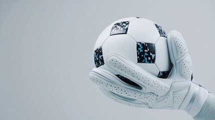 A goalkeeper's gloves holding a football studio lighting white background