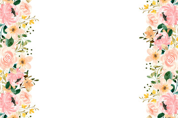 Watercolor flowers background for design. Floral border frame card template.