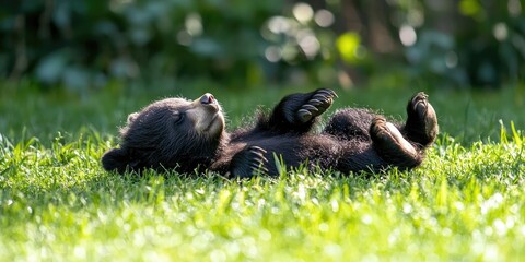 A baby bear gently rolling on the grass, playing with its siblings under the mother's watch.