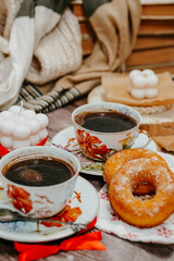 Cozy vintage room and breakfast for two with hot strong coffee and buns