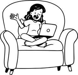 Line Art Illustration of Virtual Assistant Woman, Work From Anywhere Character Vector