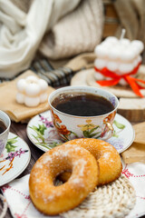 Cozy vintage room and breakfast for two with hot strong coffee and buns