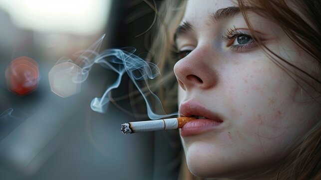 Close-up portrait of young girl with a cigarette in her mouth. Concept of harm from smoking. The effect of tobacco on the human body