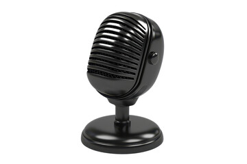 A vintage-style black microphone with a classic design, featuring a rounded head and a sturdy stand.