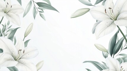 white lily flowers banner. White lily flower on white background. Floral wedding card, celebration, invitation, farewell greeting, condolence. 