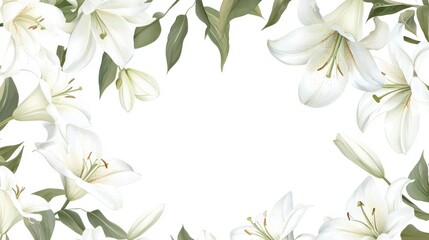 Obraz premium white lily flowers banner. White lily flower on white background. Floral wedding card, celebration, invitation, farewell greeting, condolence. 