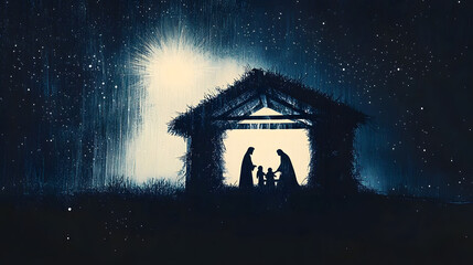 The Nativity. Silhouette of the Holy Family in the stable during the starry night. Digital illustration.