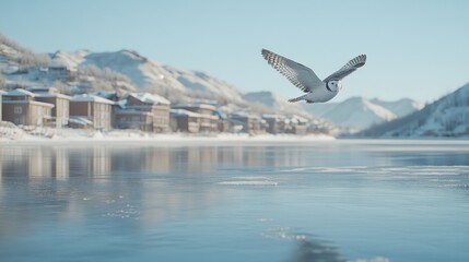 Fototapeta premium Snowy owl in flight over frozen lake and snowy village.