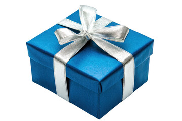 Obraz premium A blue gift box adorned with a silver ribbon and bow, perfect for celebrations and special occasions.