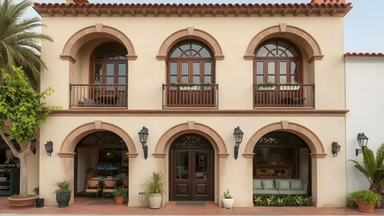 Fototapeta premium Drawing inspiration from Spanish colonial style, this three-level floor commercial building showcases a fusion of traditional organic elegance and Mediterranean influence. With a beautiful facade, arc