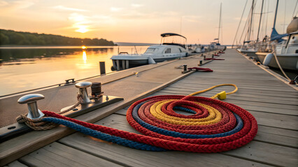 Naklejka premium A stylish boat dock glowing in the warm hues of sunset, adorned with vibrant ropes in shades of red, blue, and yellow, coiled neatly on wooden planks