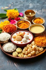 A worship plate arrange with flower, diya and other elements for Indian Celebration.