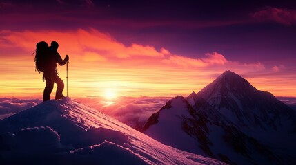 Obraz premium A mountaineer reaching the snowy summit of a peak with a colorful sunrise in the background