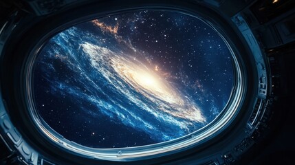 View of Distant Galaxy from Spaceship Window