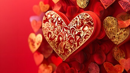 Fototapeta premium Popup heart card 3D popup Valentine's Day card with heart-shaped elements, intricate paper details, vibrant red and gold