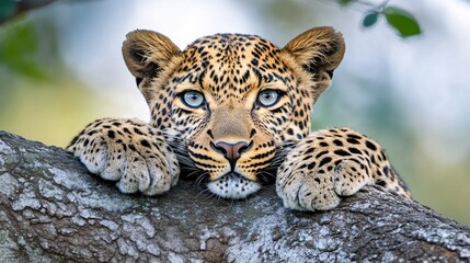 Naklejka premium Majestic Leopard Resting on Tree Branch with Intense Blue Eyes and Patterned Fur