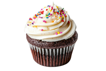 A delicious chocolate cupcake topped with creamy frosting and colorful sprinkles.
