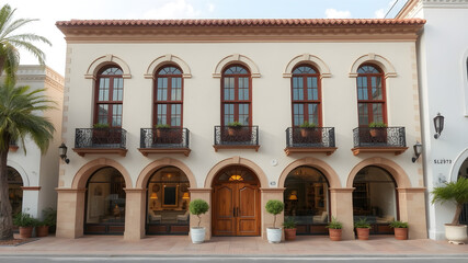 Drawing inspiration from Spanish colonial style, this three-level floor commercial building showcases a fusion of traditional organic elegance and Mediterranean influence. With a beautiful facade, arc