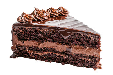 A decadent slice of rich chocolate cake featuring multiple layers and topped with chocolate frosting swirls.