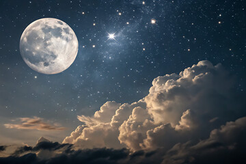 Captivating full moon illuminating clouds and stars in night sky, sky with moon and clouds