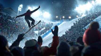 Obraz premium A snowboarder is performing a trick in front of a crowd of people